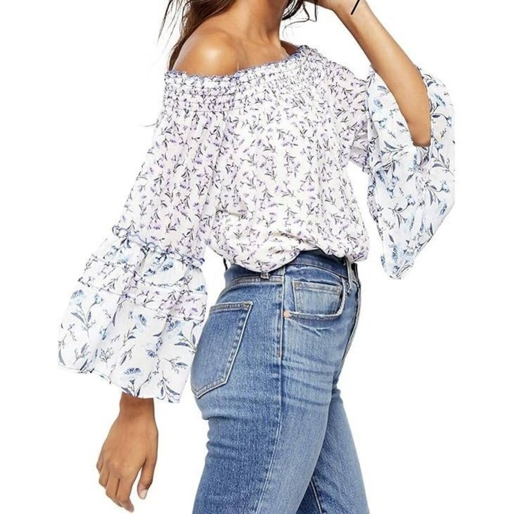 Free People Floral Off‎ the Shoulder Bell Sleeve Chiffon Blouse White Purple L